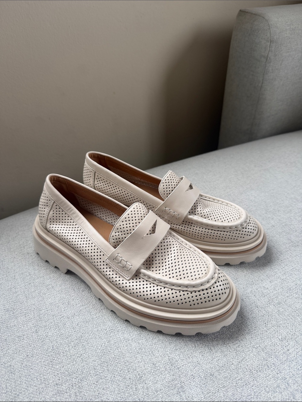 eos Cream Perforated Lug-Sole Penny Loafers